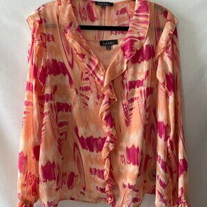 Nicole Miller Pink & Orange Abstract Print Ruffled Detailing Blouse Top Size XL